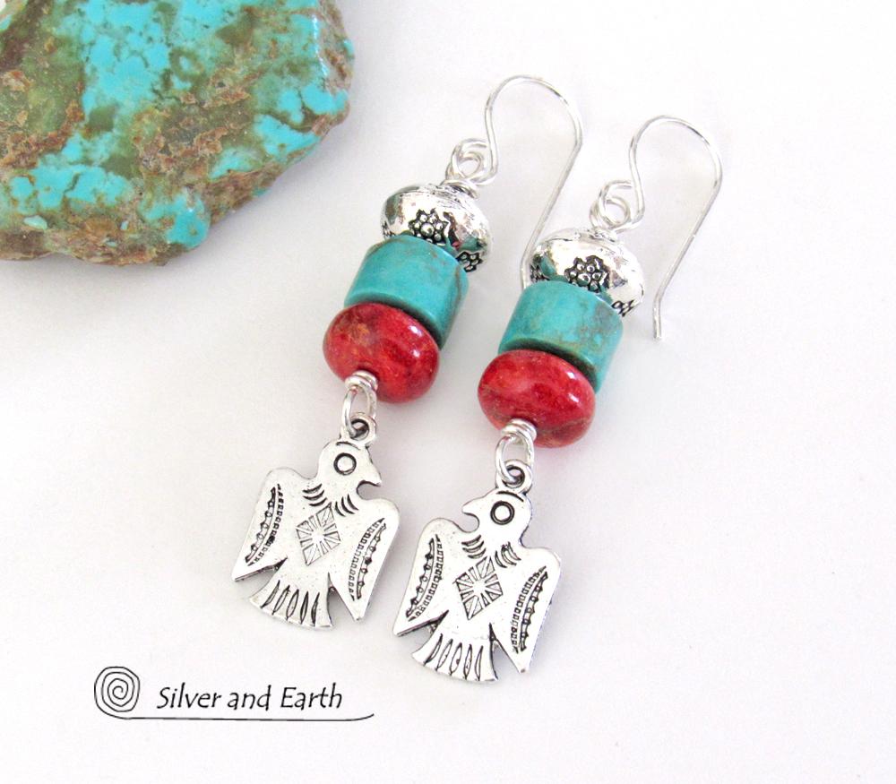 Silver Thunderbird Earrings with Turquoise Red Coral Boho Southwestern Jewelry